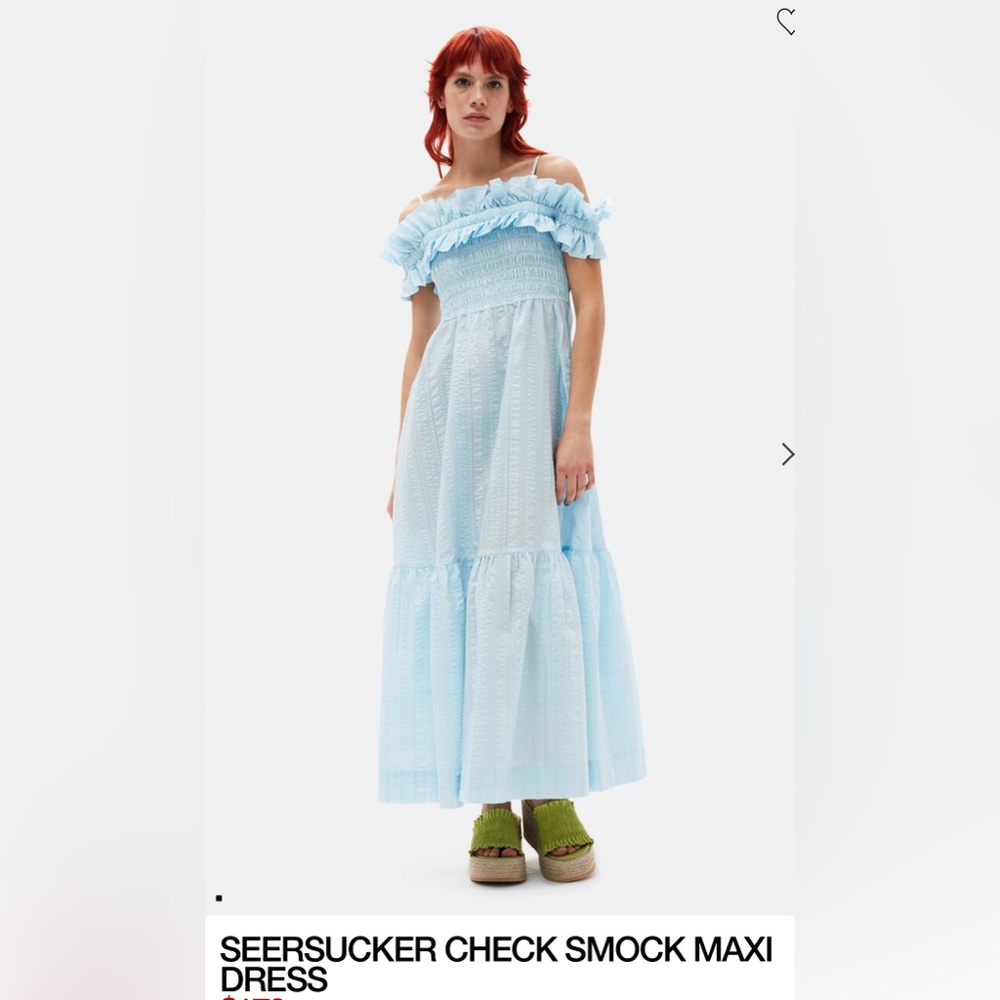 NWT Ganni Seersucker Smocked Maxi Dress